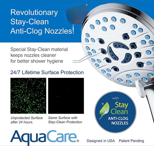 AquaCare High Pressure 8-mode Handheld Shower Head - Anti-clog Nozzles, Built-in Power Wash to Clean Tub, Tile & Pets, Extra Long 6 ft. Stainless Steel Hose, Wall & Overhead Brackets
