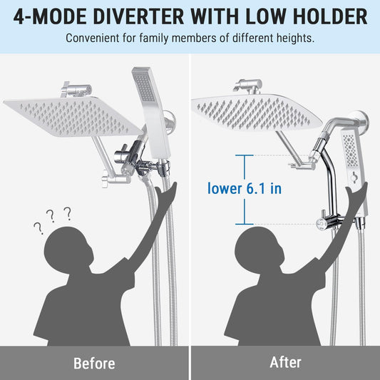 G-Promise All Metal 10 Inch Shower Head with Massage Mode Handheld, Rain Shower Head with Handheld Spray Combo, 3-Way Diverter with Pause Setting, 11 Inch Adjustable Extension Arm (Chrome)