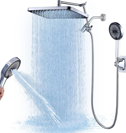 13 Inch Rain Shower Head with Handheld Spray Combo - High Pressure Rainfall Showerhead with 3-Way Brass Diverter, 14" Adjustable Extension Arm, 71" Extended Hose, Shut-Off Valve - Polished Chrome