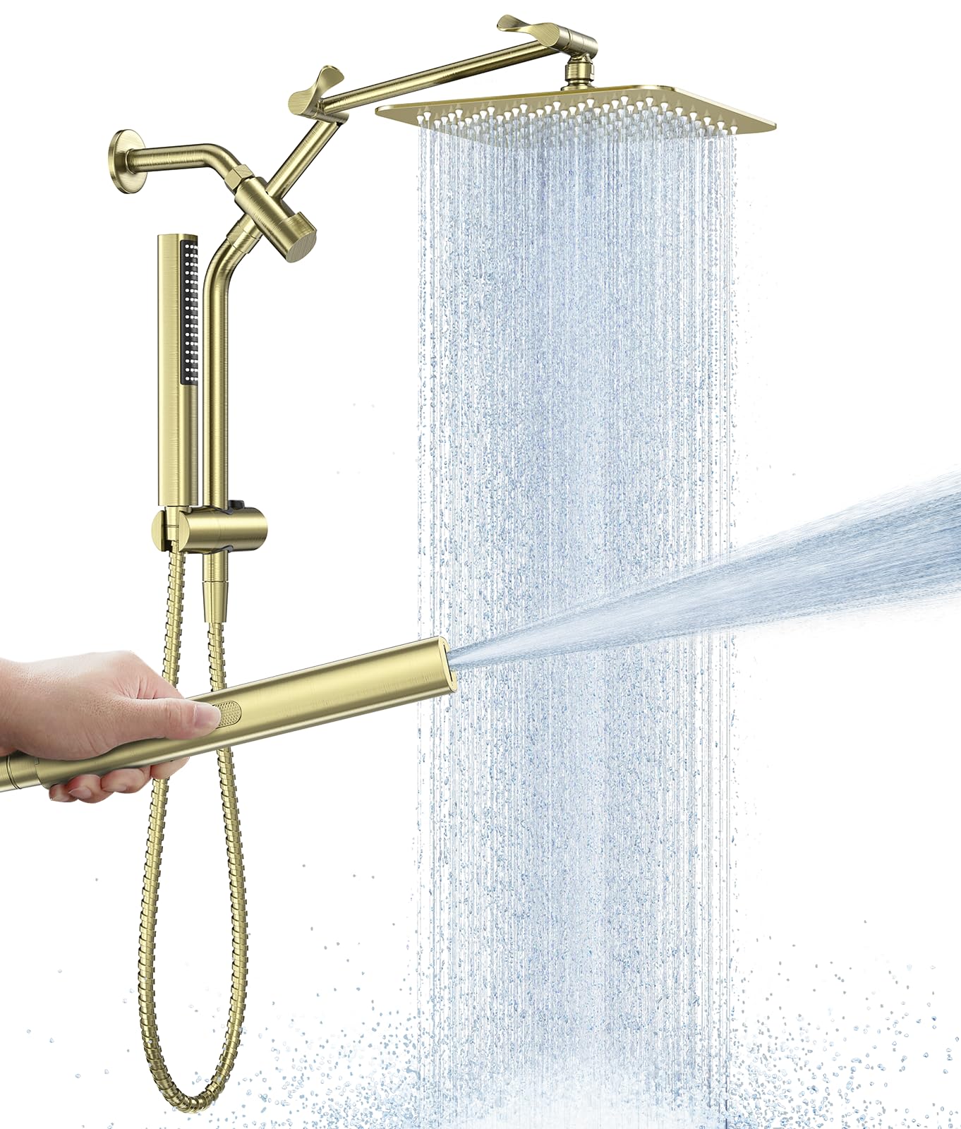 Veken All Metal 10" Shower Head with Handheld, Luxurious Square Double Rain Shower Heads,Power Wash Wand,Dual High Pressure Detachable Rainfall Showerhead with Spray Combo,Extension Arm,Chrome,Sliver