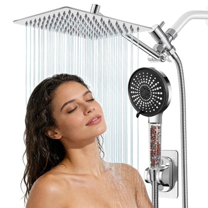 Shower Head, Rain Shower Head with Handheld Spray Combo, 10 Inch Adjustable High Pressure Rainfall Shower Head, Dual Showerhead Set with Extension Arm and 60 Inch Long Shower Hose (Silver)