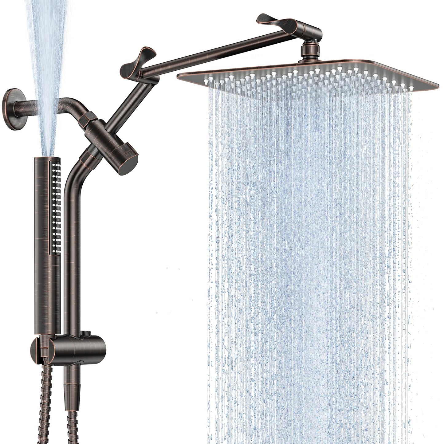 Veken All Metal 10" Shower Head with Handheld, Luxurious Square Double Rain Shower Heads,Power Wash Wand,Dual High Pressure Detachable Rainfall Showerhead with Spray Combo,Extension Arm,Chrome,Sliver