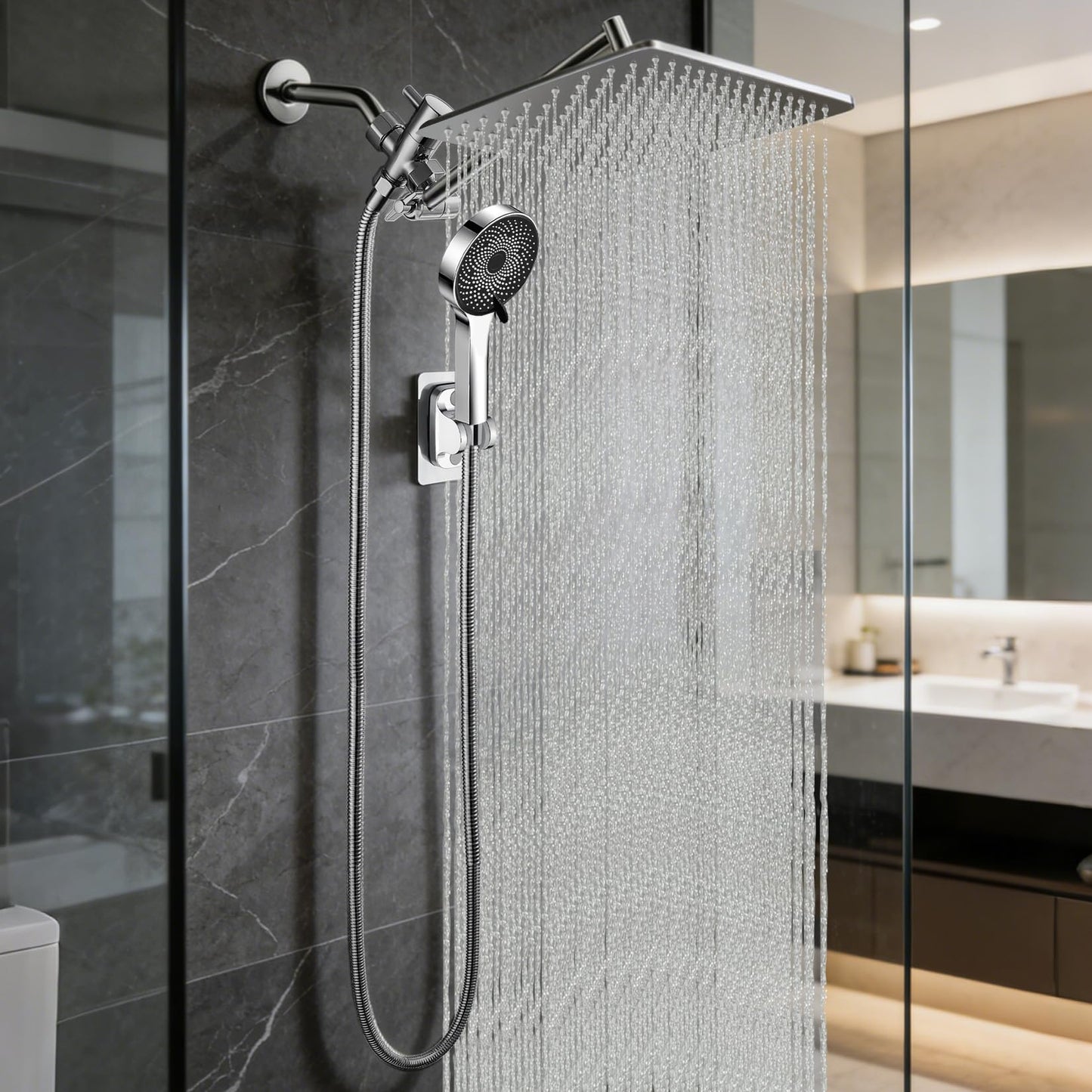 Shower Head, Rain Shower Head with Handheld Spray Combo, 10 Inch Adjustable High Pressure Rainfall Shower Head, Dual Showerhead Set with Extension Arm and 60 Inch Long Shower Hose (Silver)
