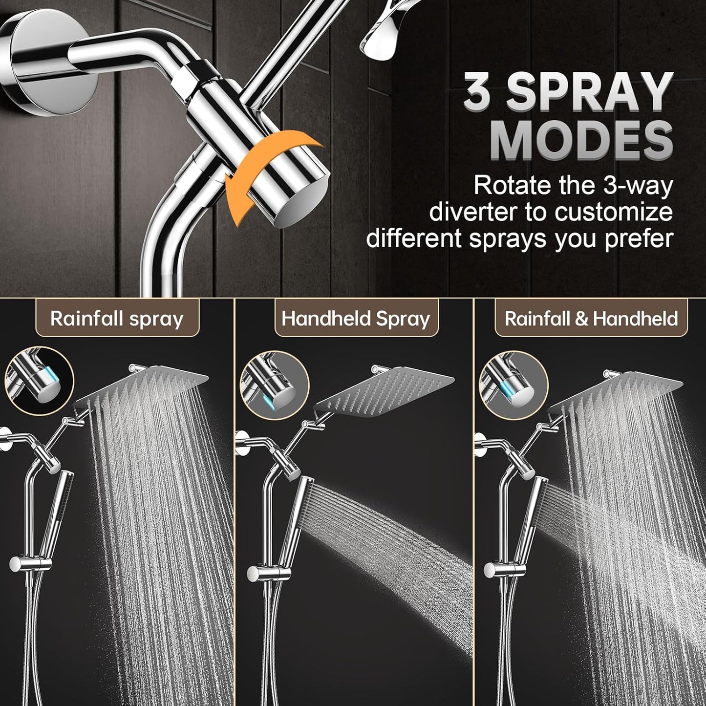 Veken All Metal 10" Shower Head with Handheld, Luxurious Square Double Rain Shower Heads,Power Wash Wand,Dual High Pressure Detachable Rainfall Showerhead with Spray Combo,Extension Arm,Chrome,Sliver