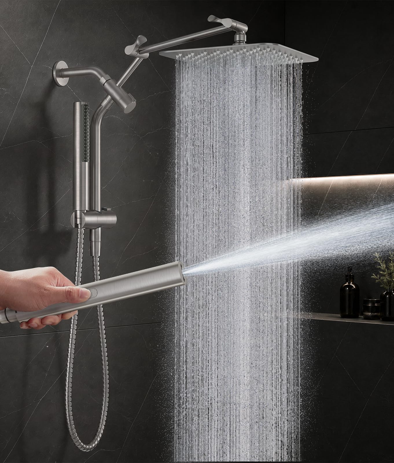 Veken All Metal 10" Shower Head with Handheld, Luxurious Square Double Rain Shower Heads,Power Wash Wand,Dual High Pressure Detachable Rainfall Showerhead with Spray Combo,Extension Arm,Chrome,Sliver