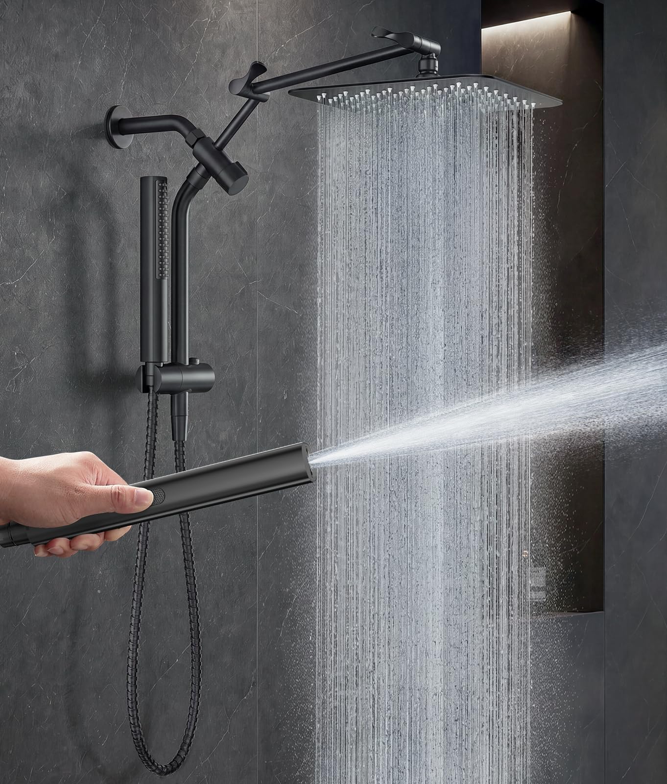 Veken All Metal 10" Shower Head with Handheld, Luxurious Square Double Rain Shower Heads,Power Wash Wand,Dual High Pressure Detachable Rainfall Showerhead with Spray Combo,Extension Arm,Chrome,Sliver