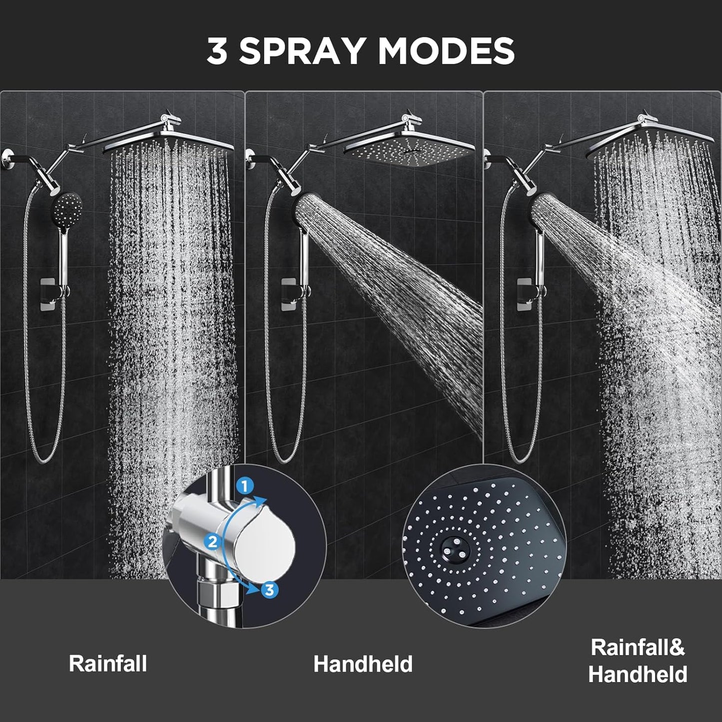 Veken 11.8" Rain Shower Head with Handheld, High Pressure Handheld Shower with Multi Spray Modes, Rainfall Combo with 15" Metal Extension Arm, Detachable Dual Shower, Bathroom Decor, Chrome Silver