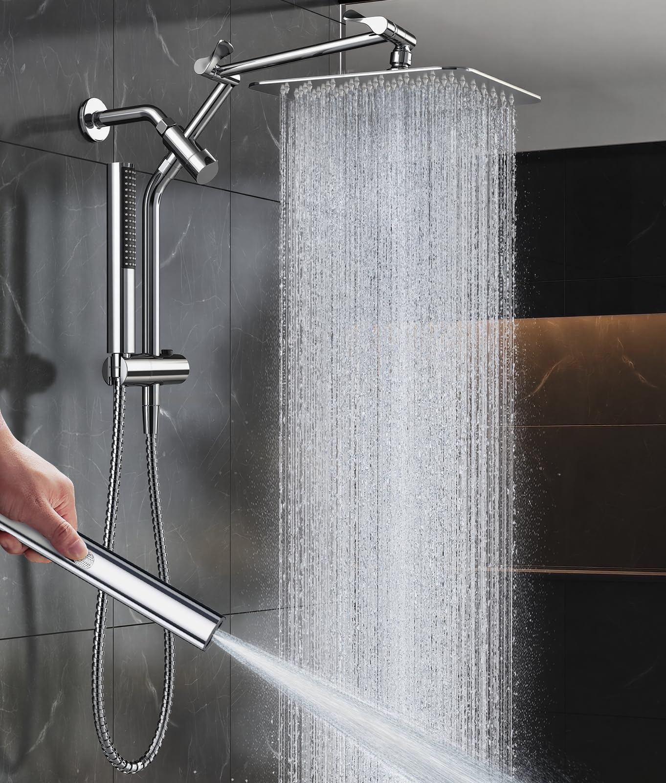 Veken All Metal 10" Shower Head with Handheld, Luxurious Square Double Rain Shower Heads,Power Wash Wand,Dual High Pressure Detachable Rainfall Showerhead with Spray Combo,Extension Arm,Chrome,Sliver