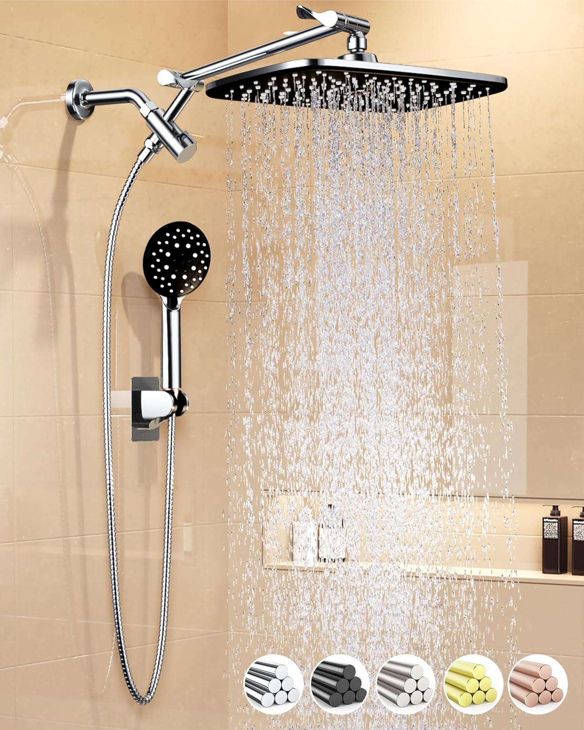 Veken 11.8" Rain Shower Head with Handheld, High Pressure Handheld Shower with Multi Spray Modes, Rainfall Combo with 15" Metal Extension Arm, Detachable Dual Shower, Bathroom Decor, Chrome Silver