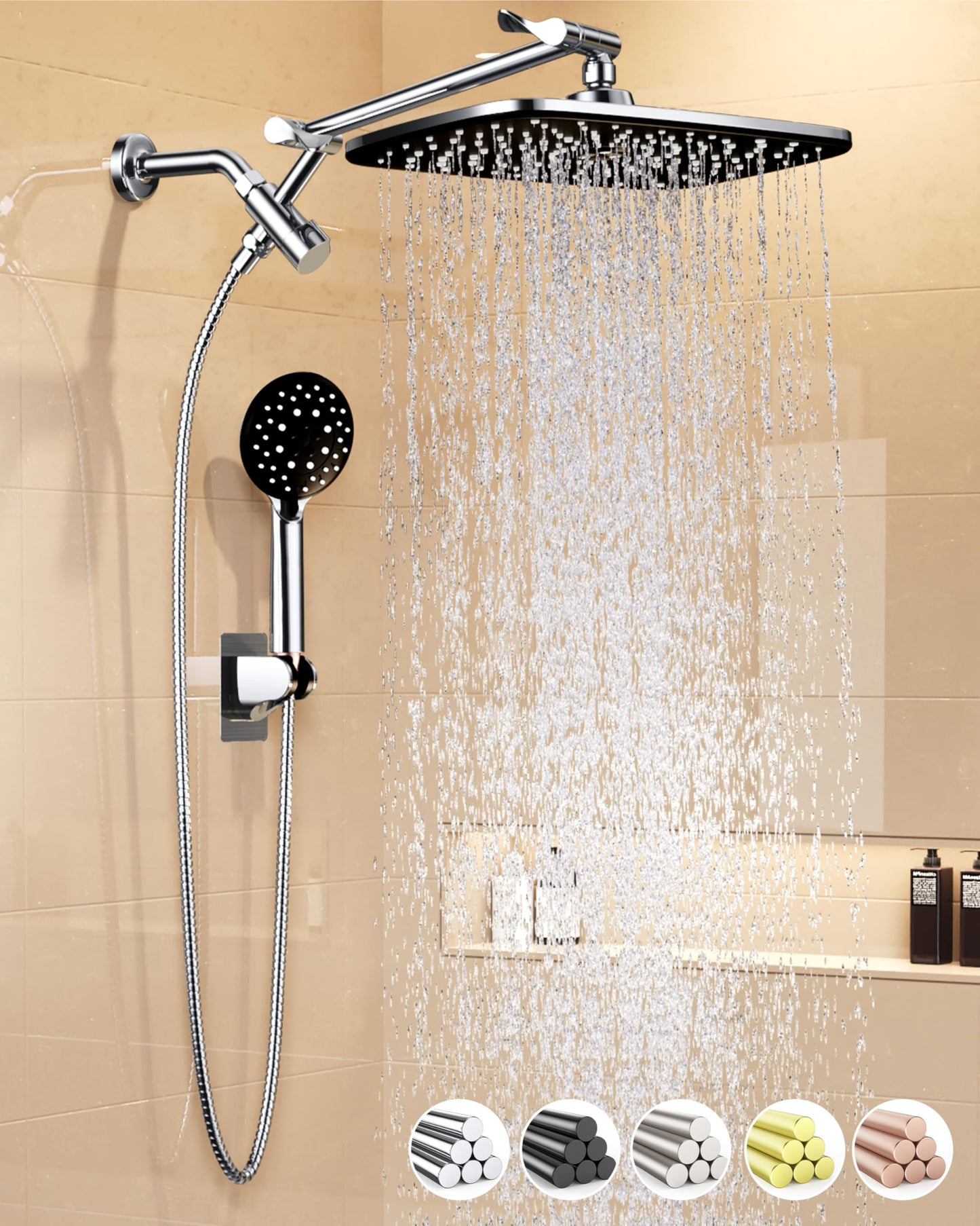 Veken 11.8" Rain Shower Head with Handheld, High Pressure Handheld Shower with Multi Spray Modes, Rainfall Combo with 15" Metal Extension Arm, Detachable Dual Shower, Bathroom Decor, Chrome Silver