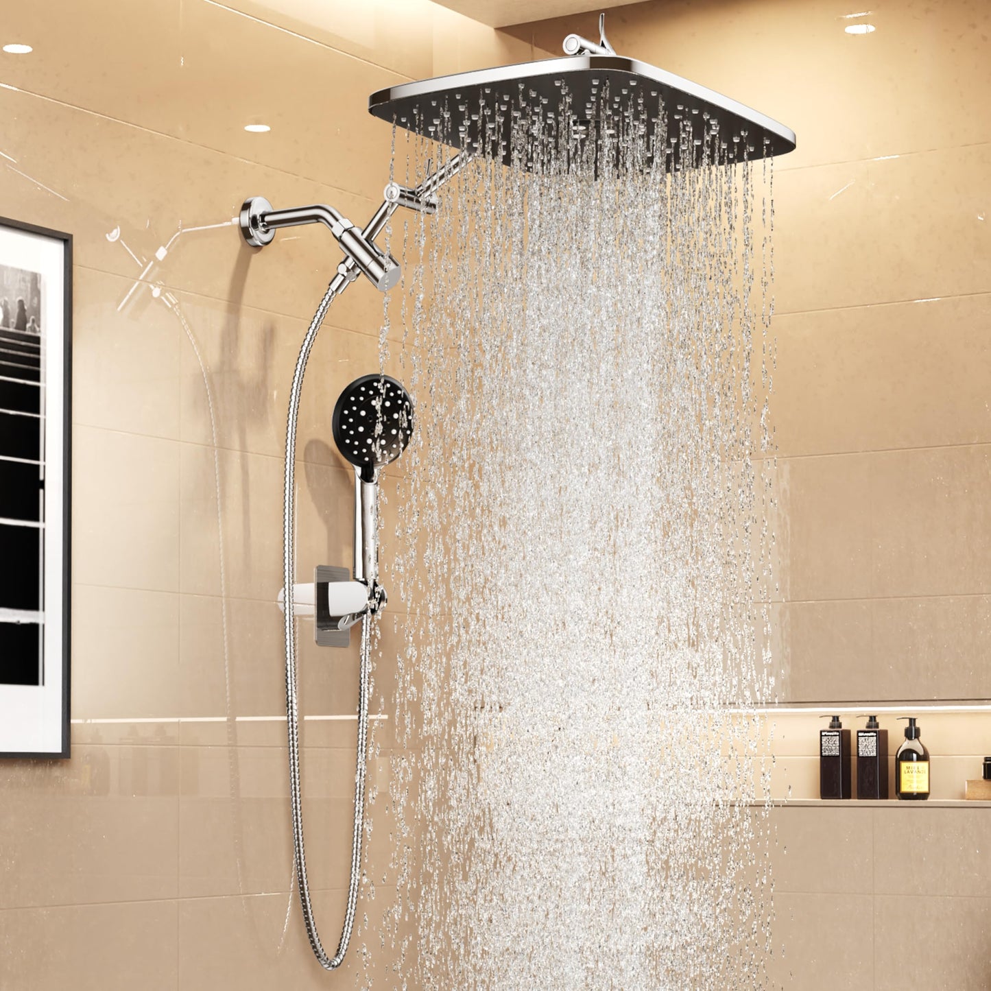 Veken 11.8" Rain Shower Head with Handheld, High Pressure Handheld Shower with Multi Spray Modes, Rainfall Combo with 15" Metal Extension Arm, Detachable Dual Shower, Bathroom Decor, Chrome Silver